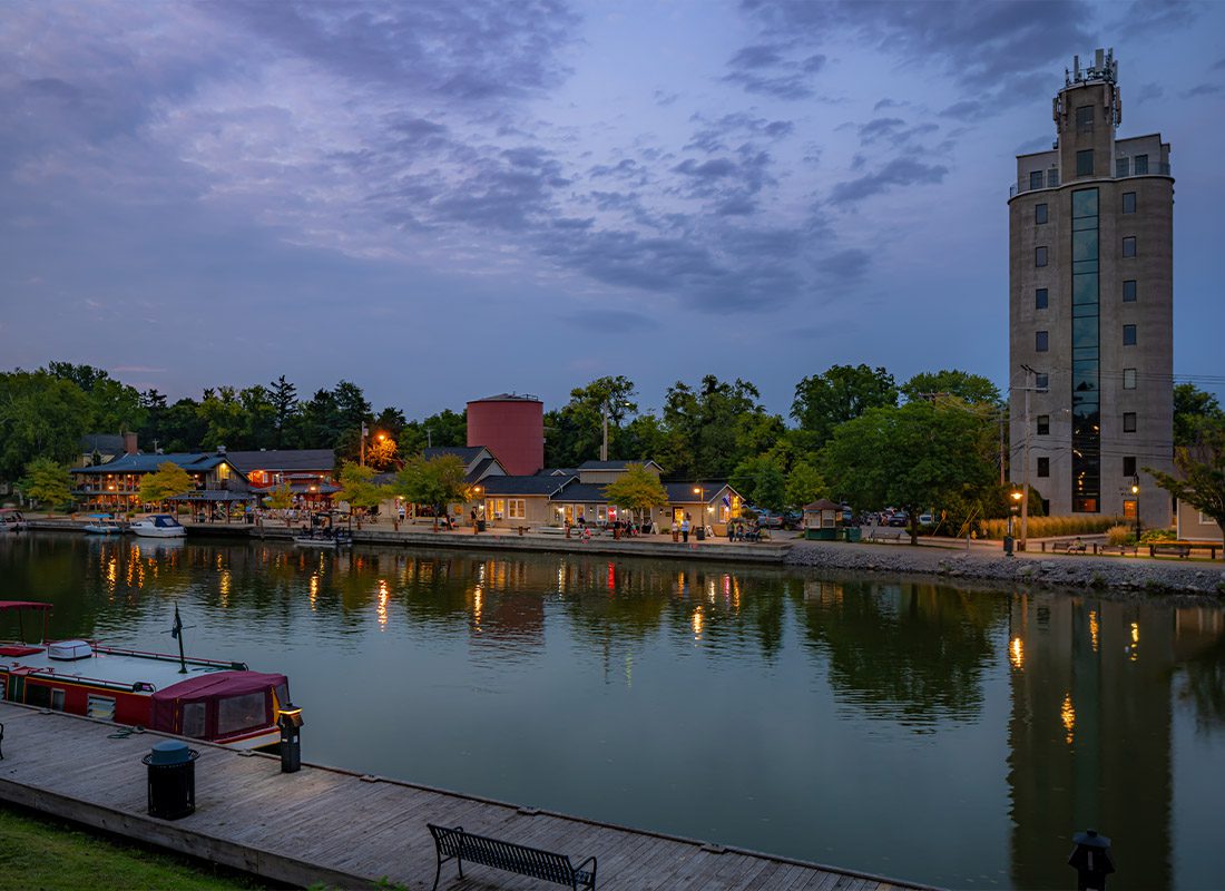 Fairport, NY - Early Evening Photo of Schoen Place and the Erie Canal in the Village of Pittsford, New York